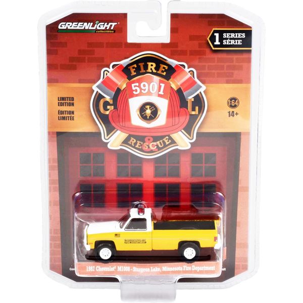 1987 Chevy M1008 트럭 옐로 &amp; White Sturgeon Lake Fire Department Minnesota Fire &amp; Rescue 시리즈 1 164 다이캐스트 모델 그린라이트 67010 C